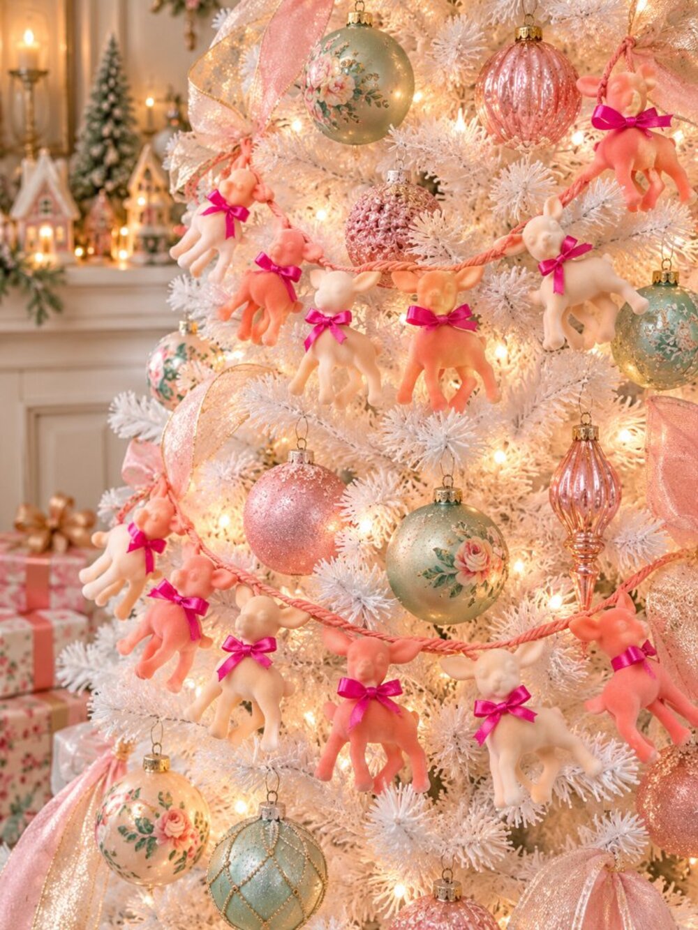 Ashland Flocked Baby Reindeer Garland Set of 2 โ 6 Ft Pink & Ivory NWT